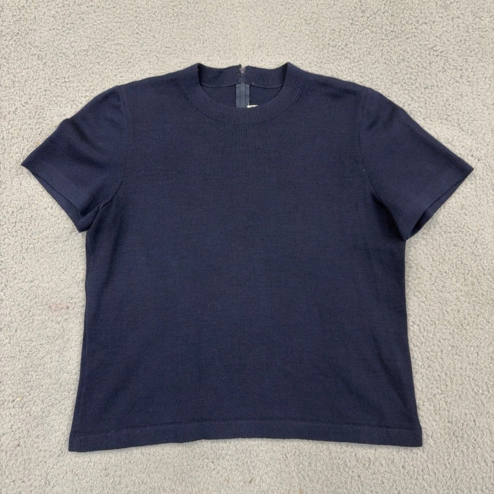 Vintage St. John Collection Marie Gray Top Blue Santana Knit Zip Back Womens Lg